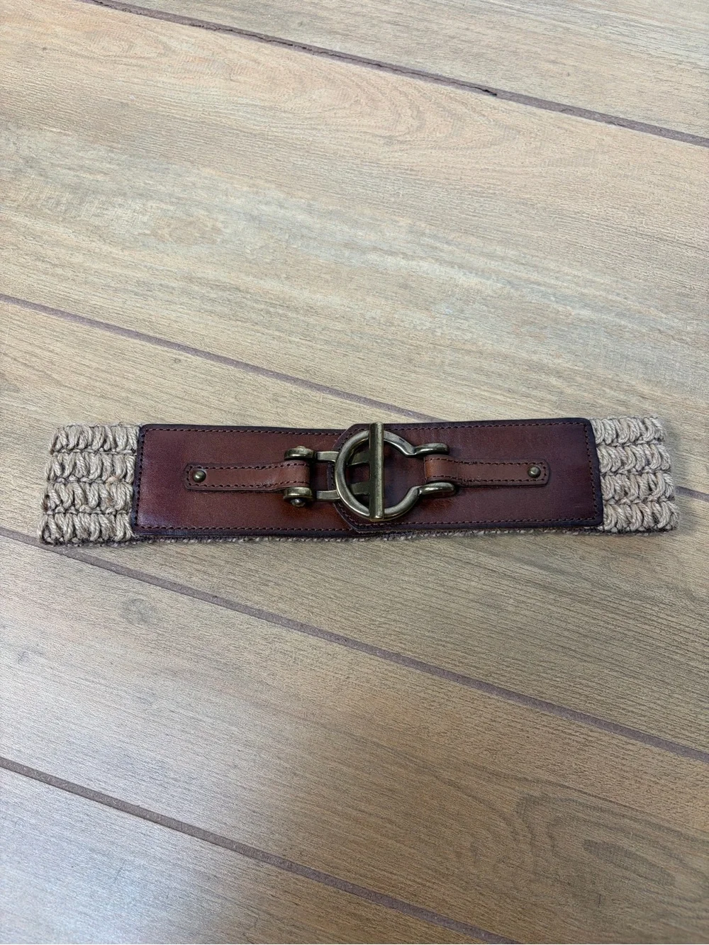 Fossil Woven Stretch Belt Leather Equestrian Buckle Cream Tan Boho